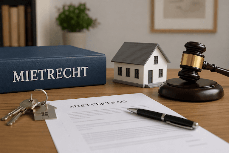 Mietrecht – Mietvertrag, Schlüssel und Richterhammer