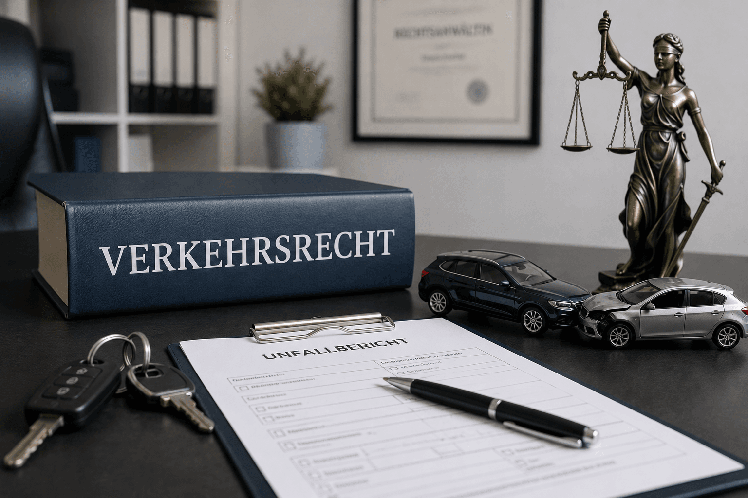 Verkehrsrecht – Unfallbericht, Fahrzeugschlüssel und Justitia